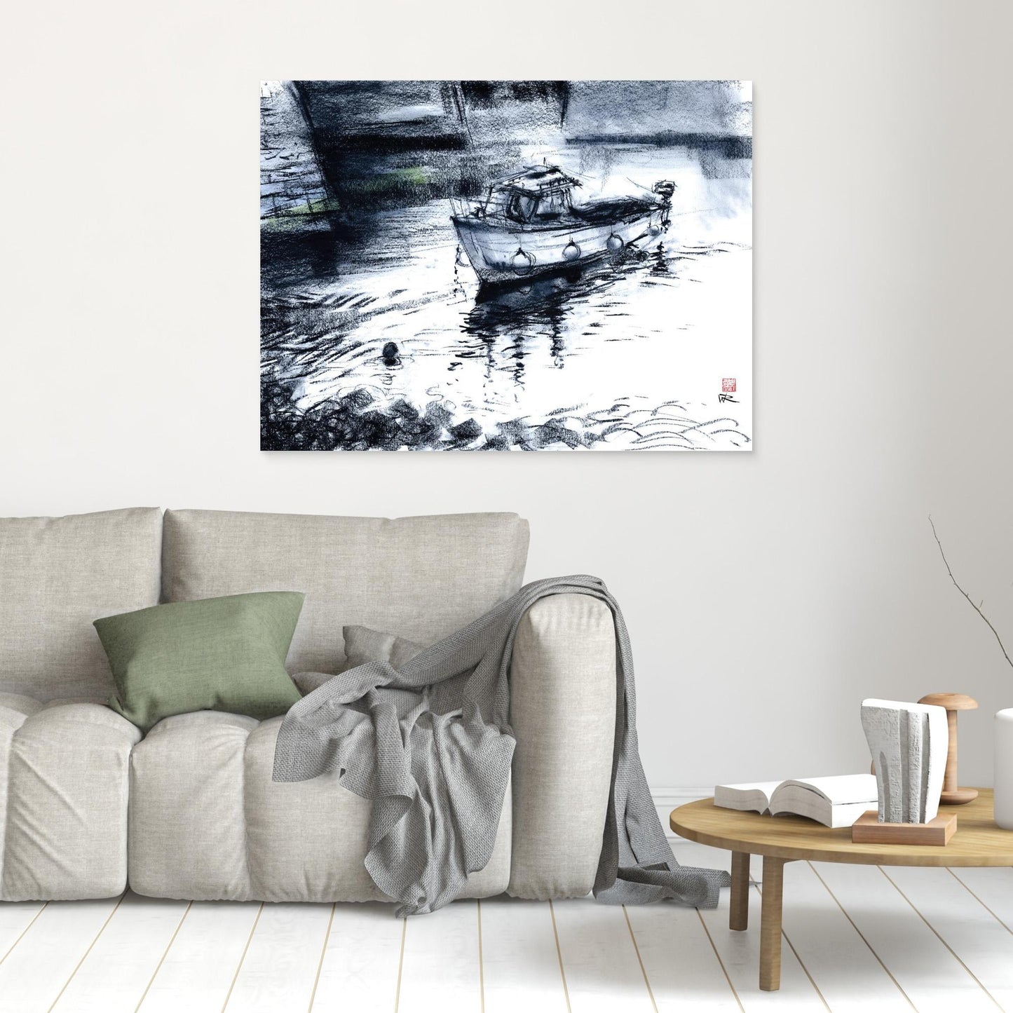 Fishing boat in Porthleven harbour in blue