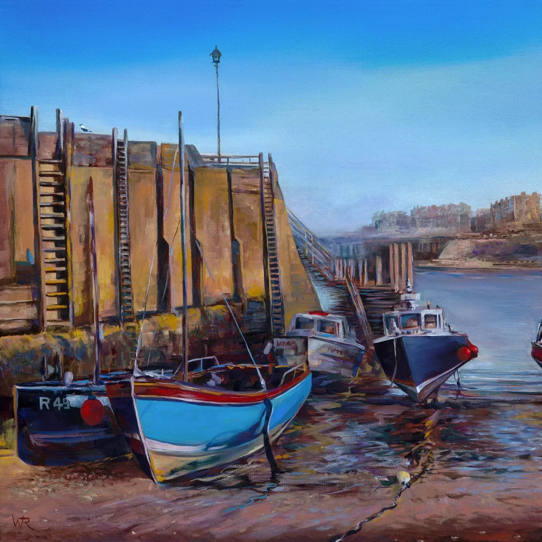 Painting of Hastings harbour at golden hour