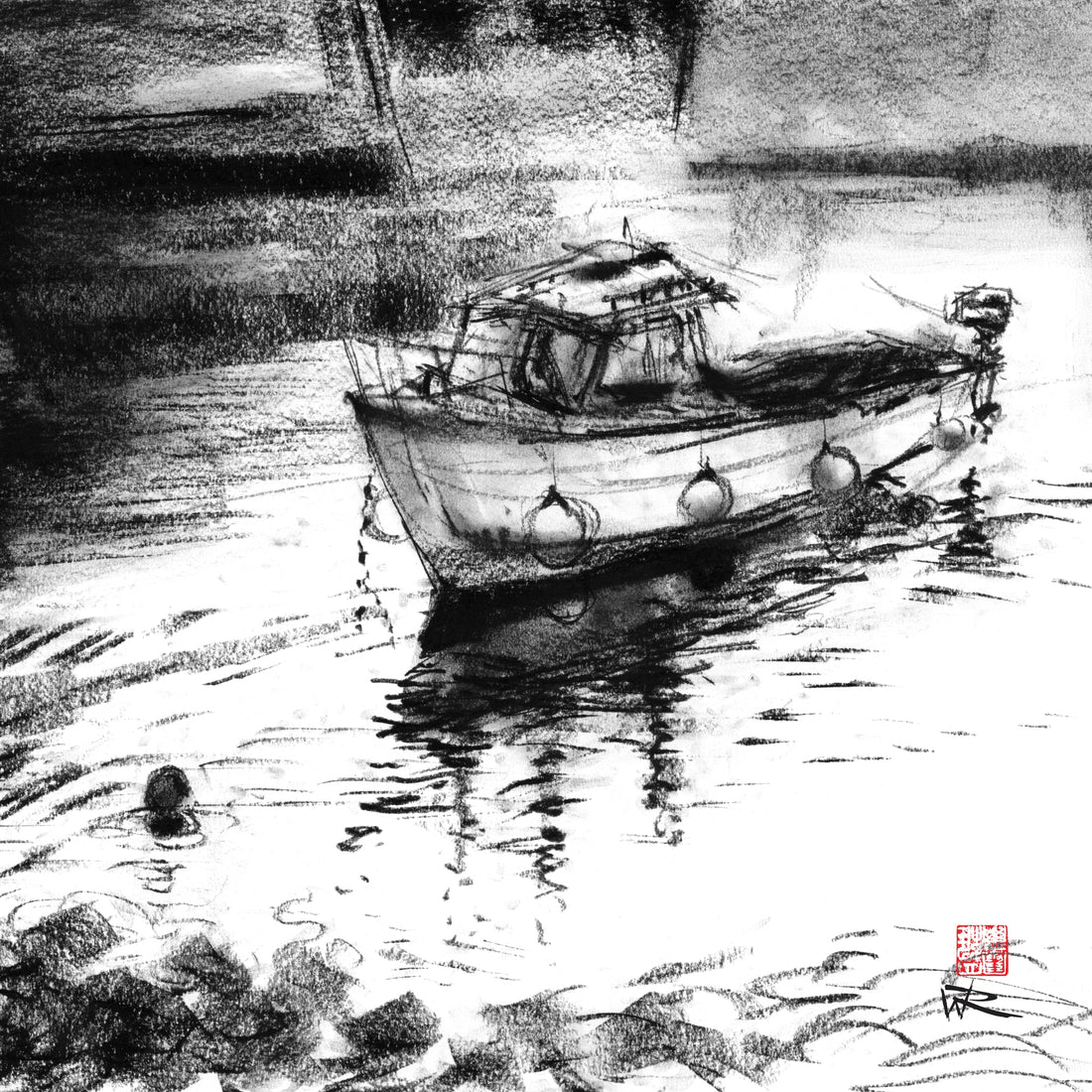 Drawing of Porthleven harbour in charcoal