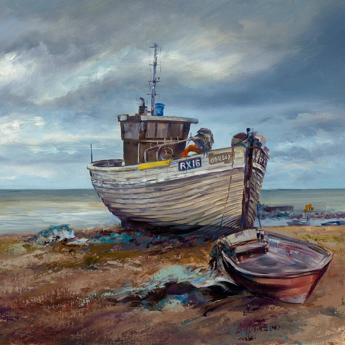 Painting of fishing boats at hastings by William Rowsell