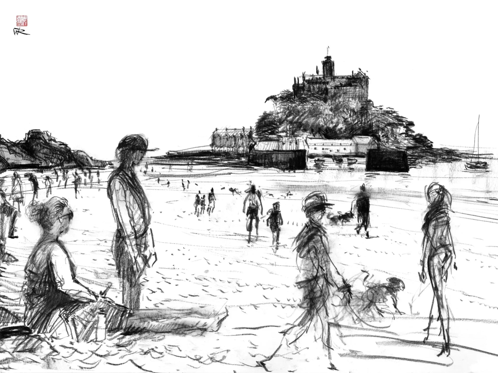 Drawing of the beach opposite St Michaels Mount in Cornwall
