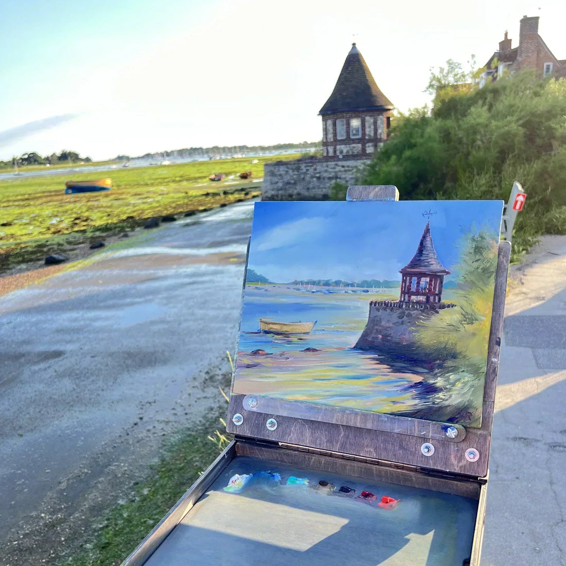 Photo of an oil painting of a view of boats at low tide at Bosham
