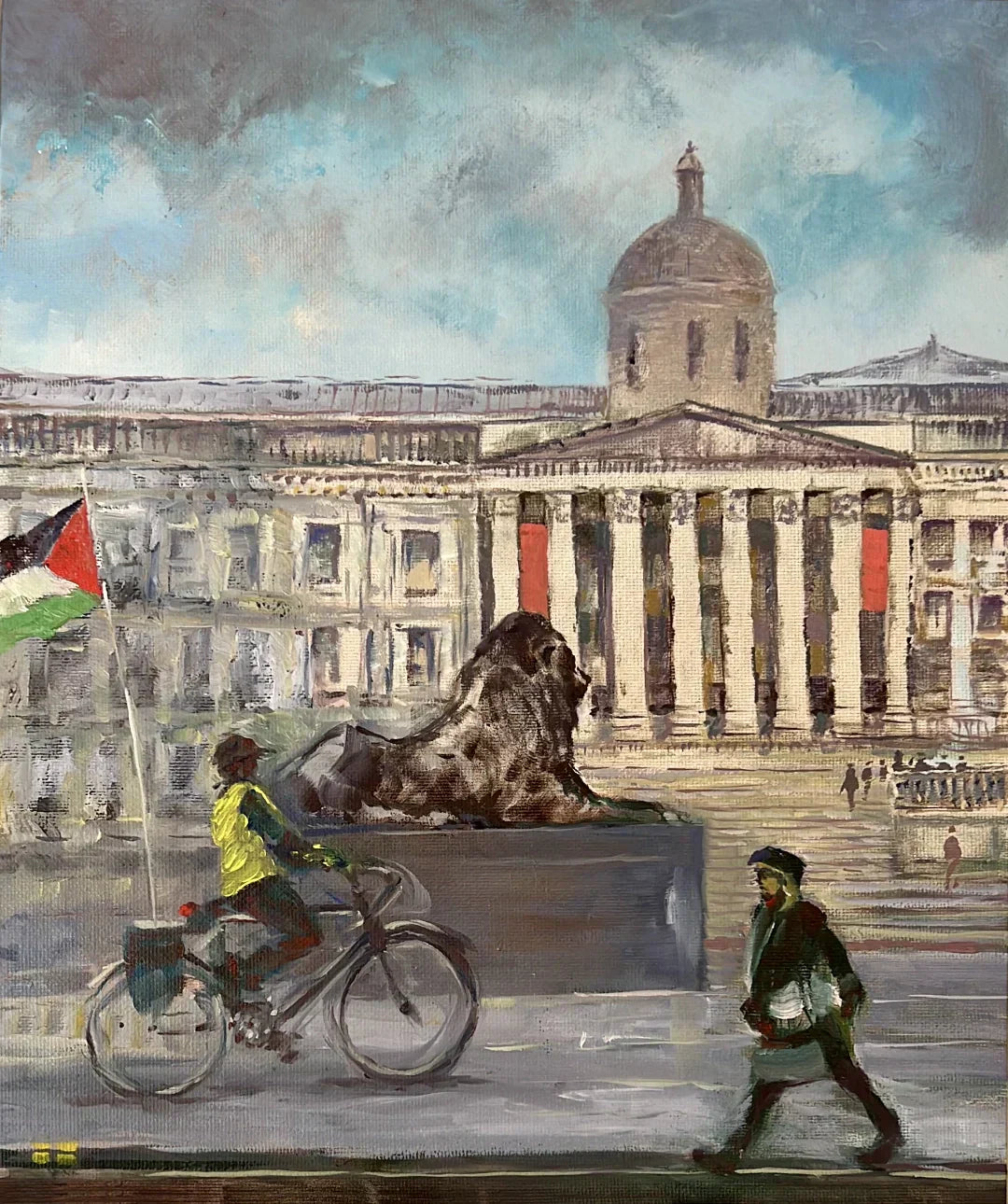 Plein air painting of Trafalgar Square in November during a protest march