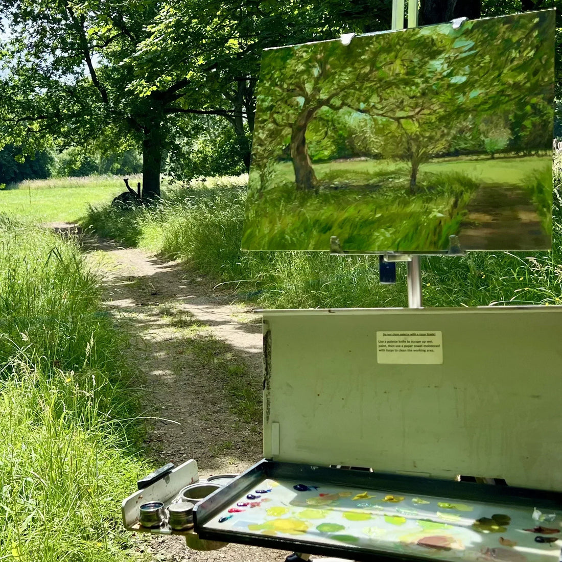 Plein air painting of the summer light through the trees at Wotton gardens