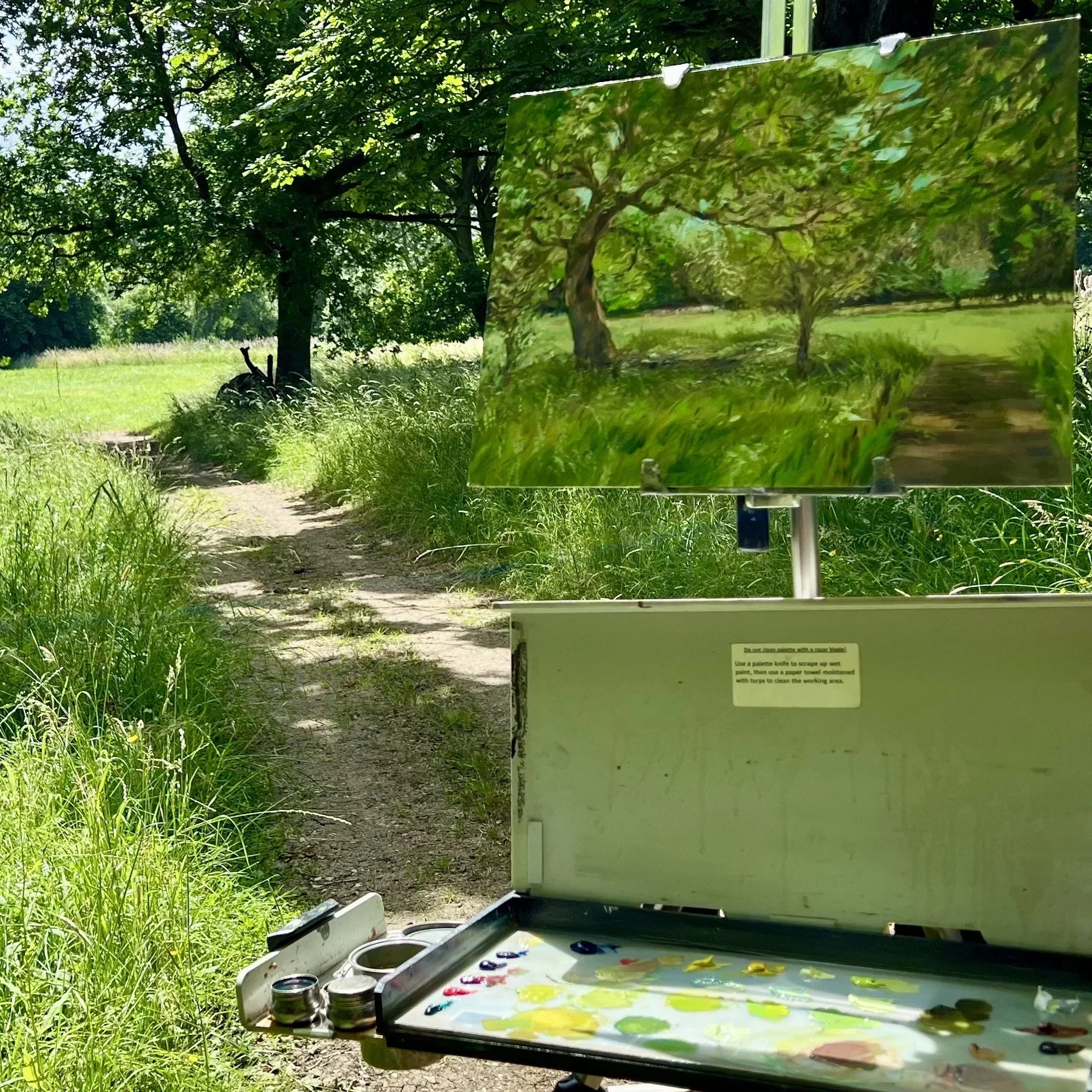 Plein air painting of the summer light through the trees at Wotton gardens