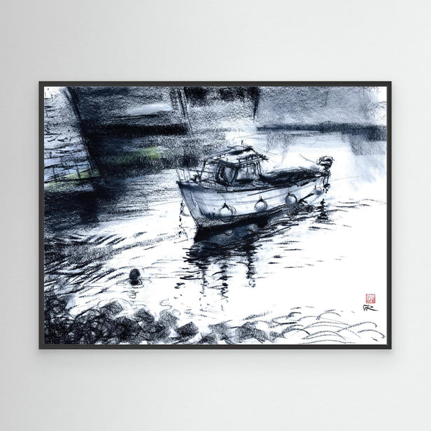 Fishing boat in Porthleven harbour in blue