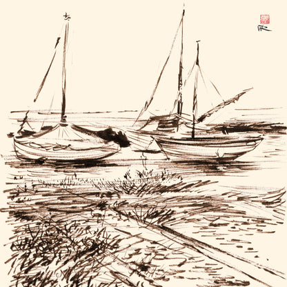 Boote im Schlamm bei Blakeney - Leinwanddruck