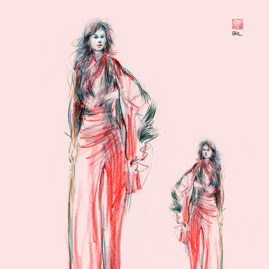 Ellipsis red drawn monoprint - Paper print