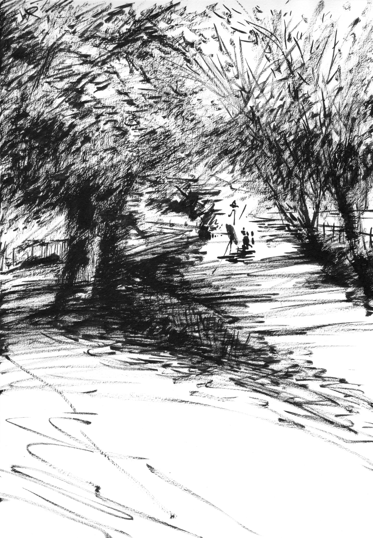Punting on The Cherwell behind Botanic Gardens - Original ink sketch