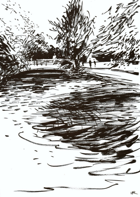 Worcester College lake in Oxford - Original ink sketch
