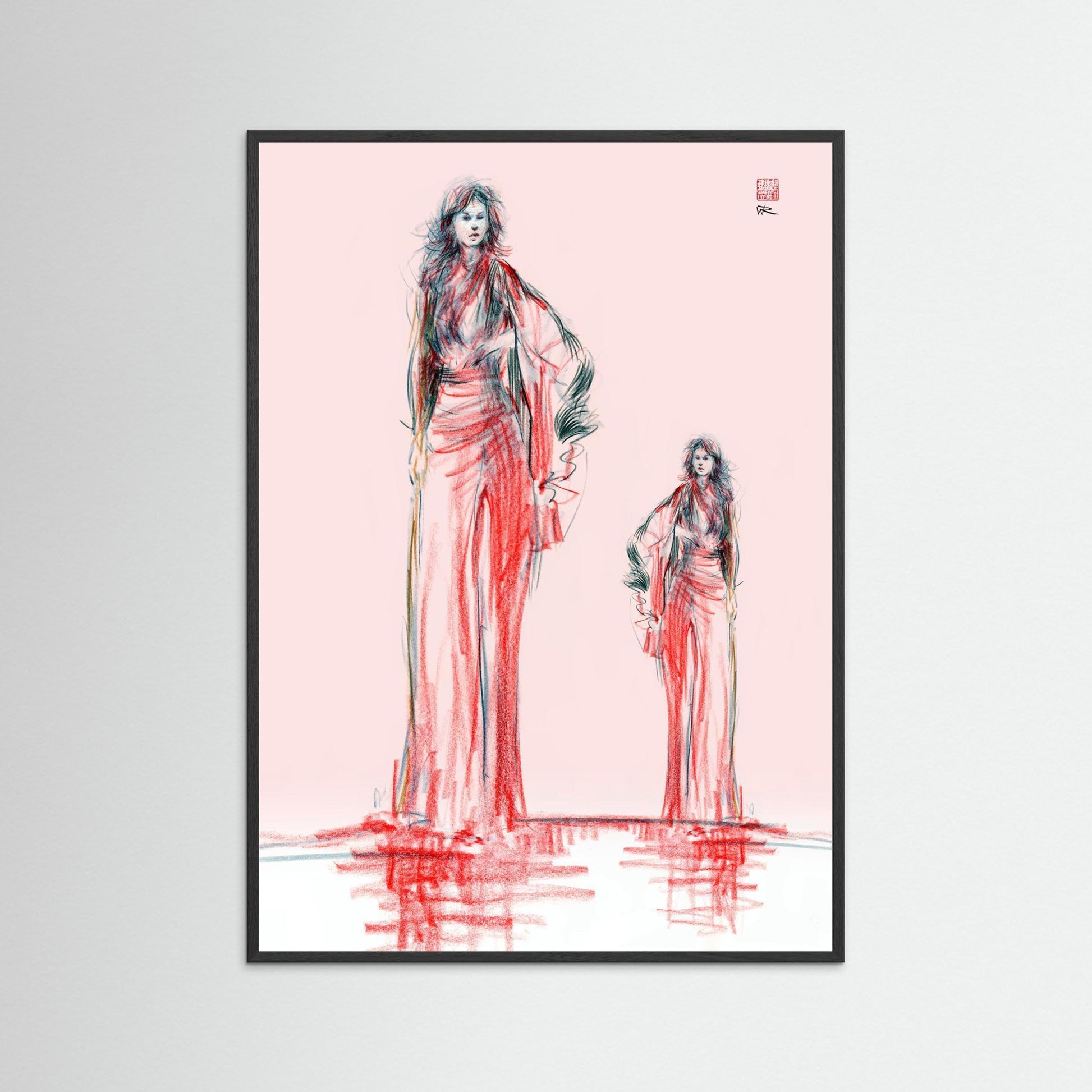 Ellipsis red drawn monoprint - paper print