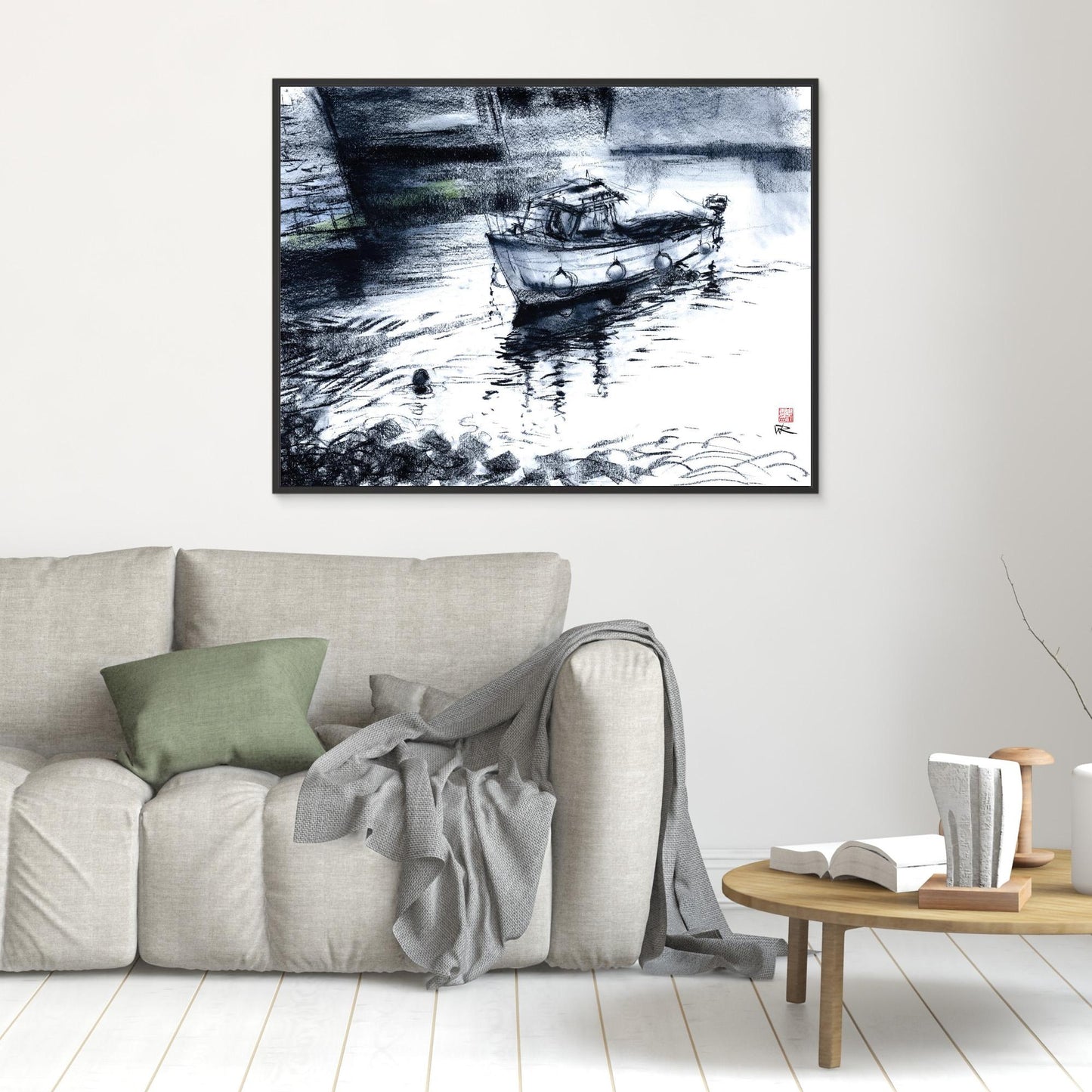 Fishing boat in Porthleven harbour in blue