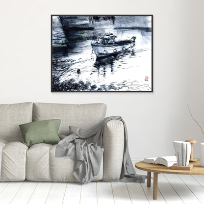 Fishing boat in Porthleven harbour in blue