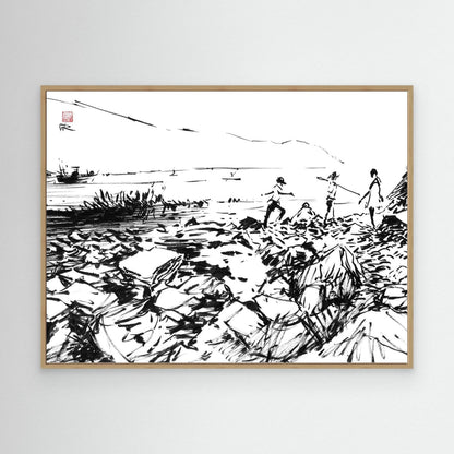 Crab hunters at Lulworth Cove - Canvas Art Print