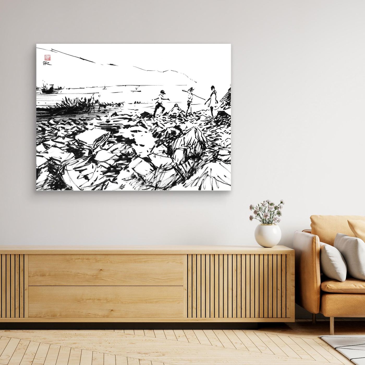 Crab hunters at Lulworth Cove - Canvas Art Print