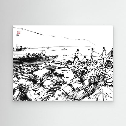 Crab hunters at Lulworth Cove - Canvas Art Print