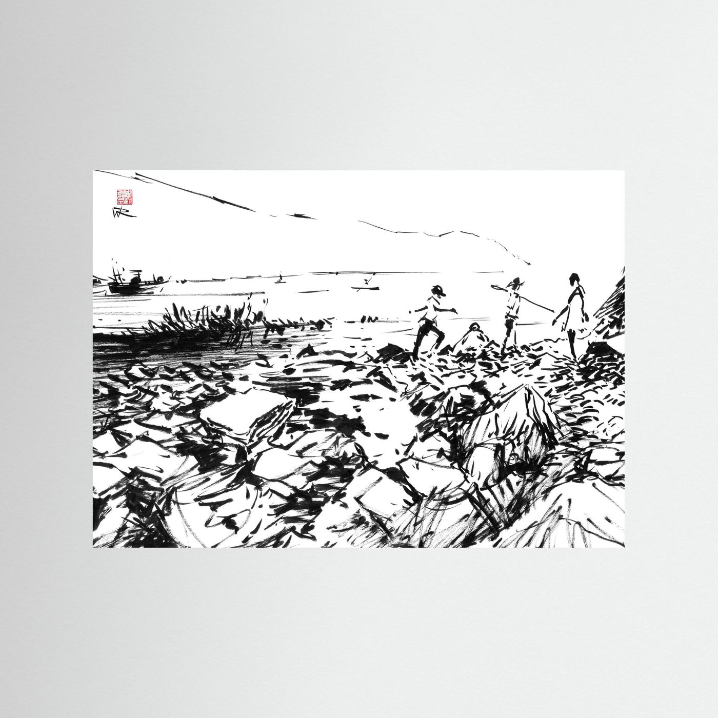 Crab hunters at Lulworth Cove - Print on fine art paper