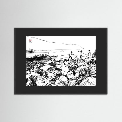 Crab hunters at Lulworth Cove - Print on fine art paper