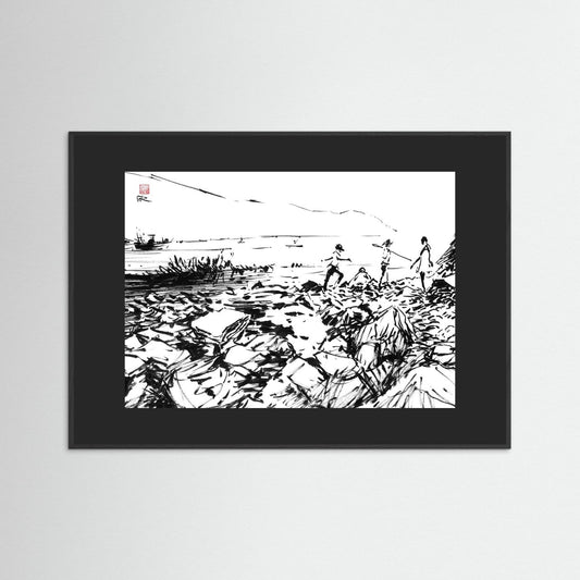 Crab hunters at Lulworth Cove - Print on fine art paper