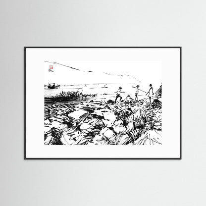 Crab hunters at Lulworth Cove - Print on fine art paper