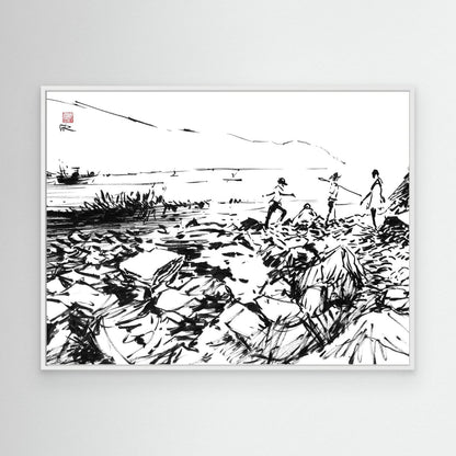 Crab hunters at Lulworth Cove - Canvas Art Print