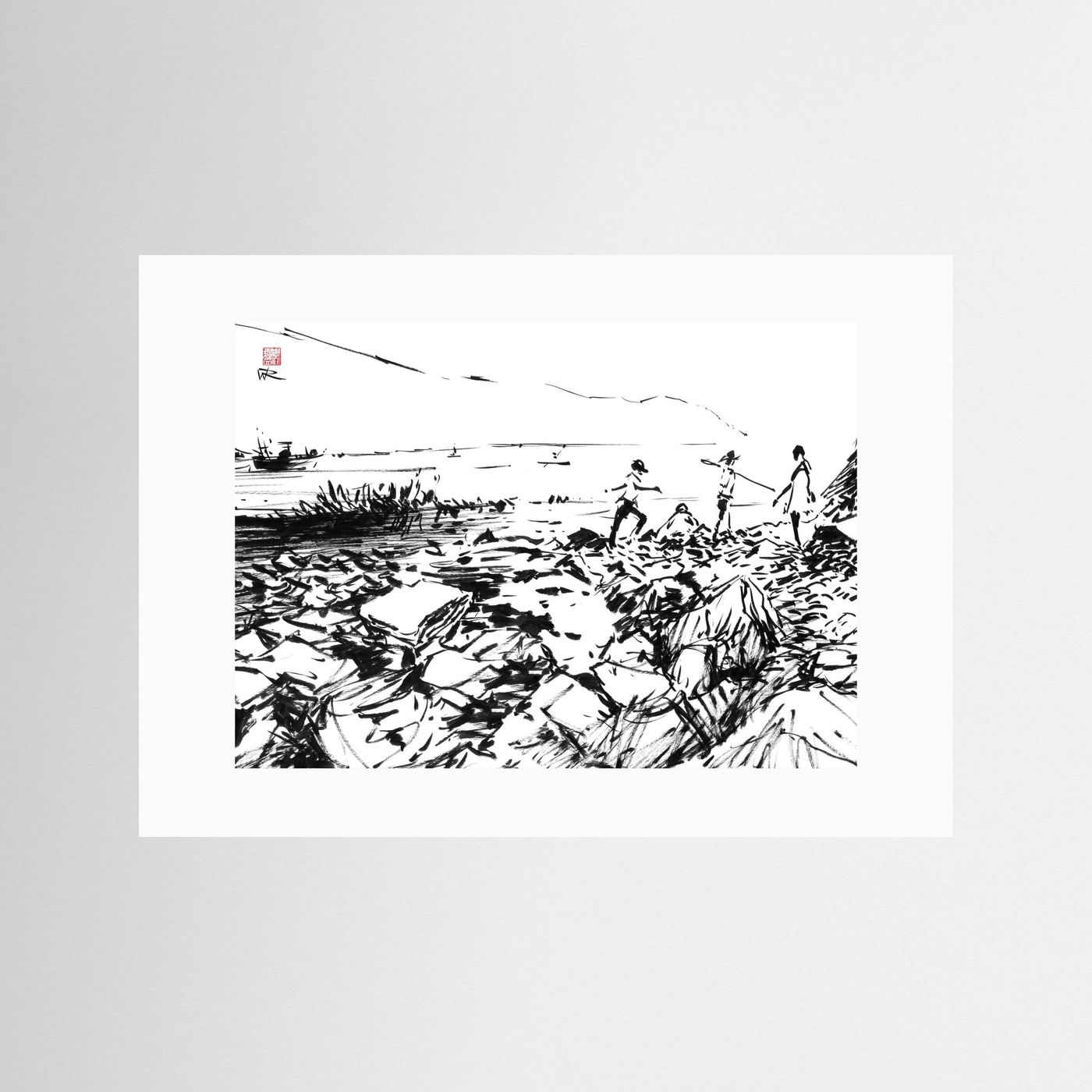Crab hunters at Lulworth Cove - Print on fine art paper
