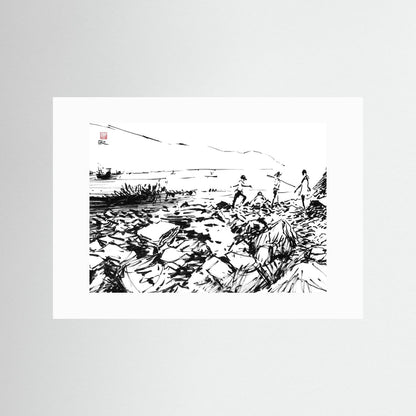Crab hunters at Lulworth Cove - Print on fine art paper