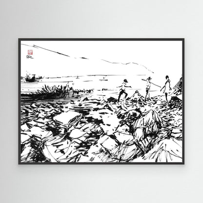 Crab hunters at Lulworth Cove - Canvas Art Print