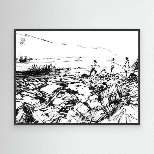 Crab hunters at Lulworth Cove - Canvas Art Print