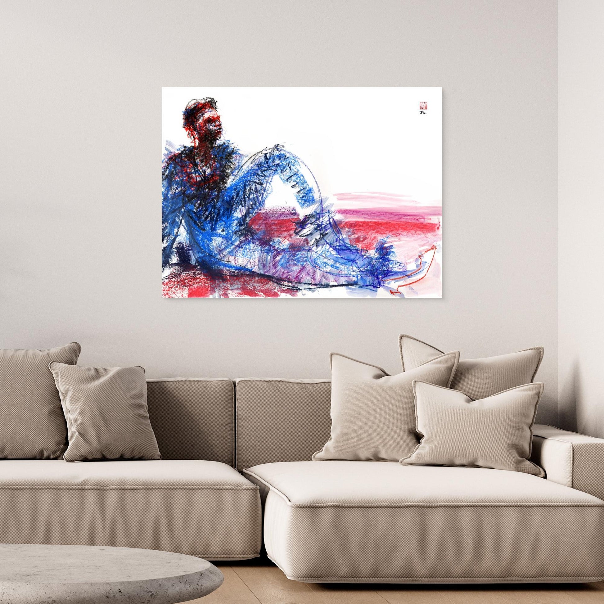 Male in blue on red