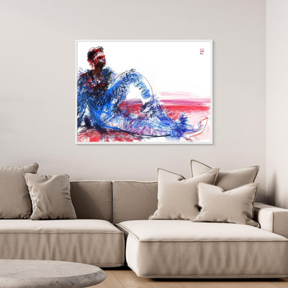 Male in blue on red