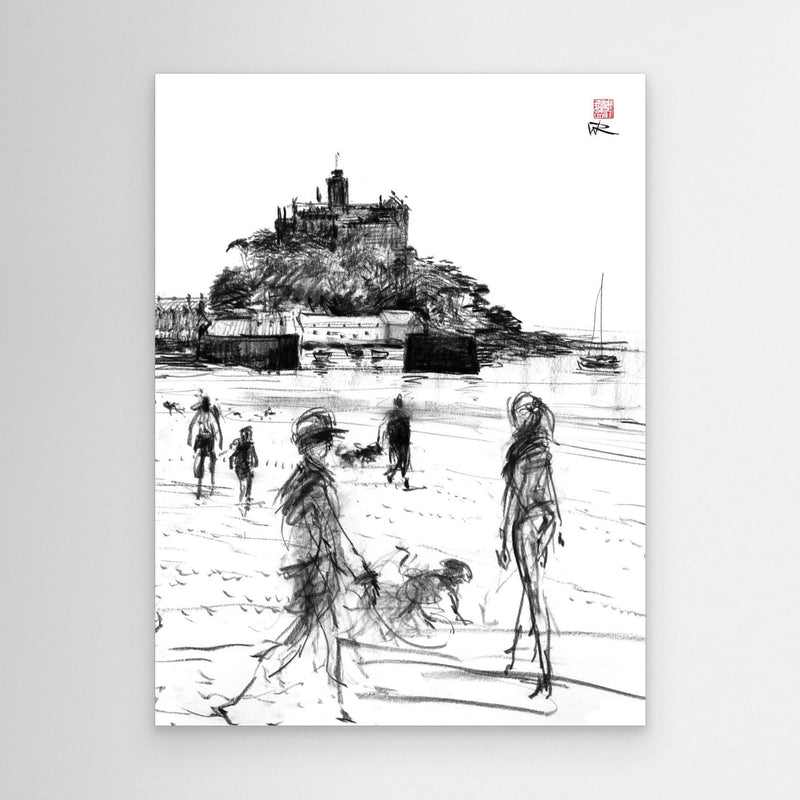 Hundebesitzer am Strand von Marazion - Leinwanddruck