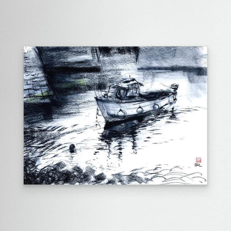 Fischerboot im Hafen von Porthleven in Blau - Leinwanddruck